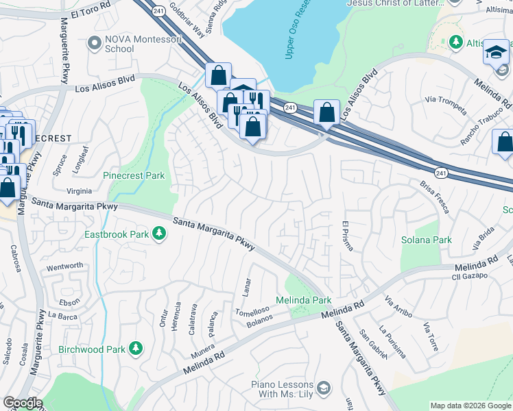map of restaurants, bars, coffee shops, grocery stores, and more near 21432 Canaria in Mission Viejo