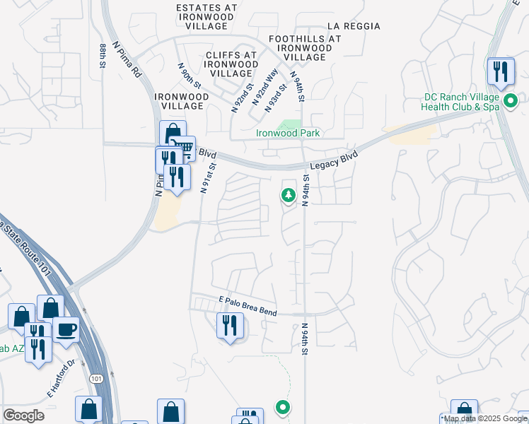 map of restaurants, bars, coffee shops, grocery stores, and more near 18255 North 93rd Street in Scottsdale