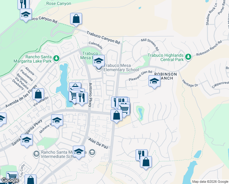 map of restaurants, bars, coffee shops, grocery stores, and more near 22 Vía Ulmaria in Rancho Santa Margarita