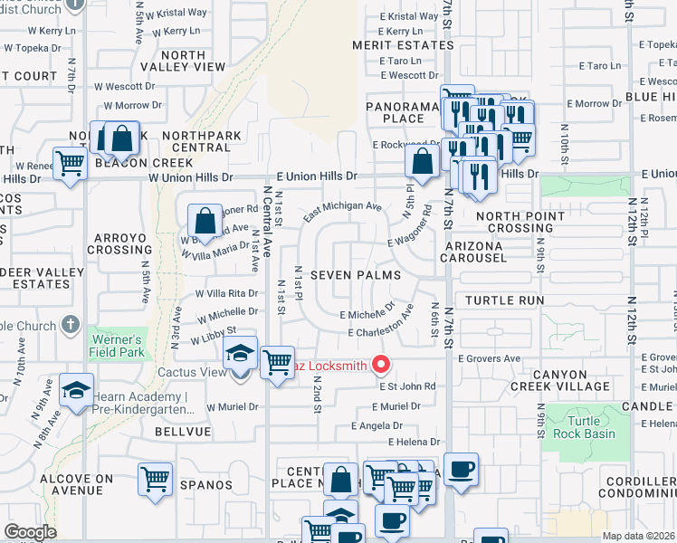 map of restaurants, bars, coffee shops, grocery stores, and more near 18203 North 2nd Place in Phoenix