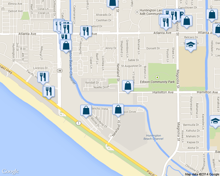 map of restaurants, bars, coffee shops, grocery stores, and more near 8431 Hibiscus Cir in Huntington Beach