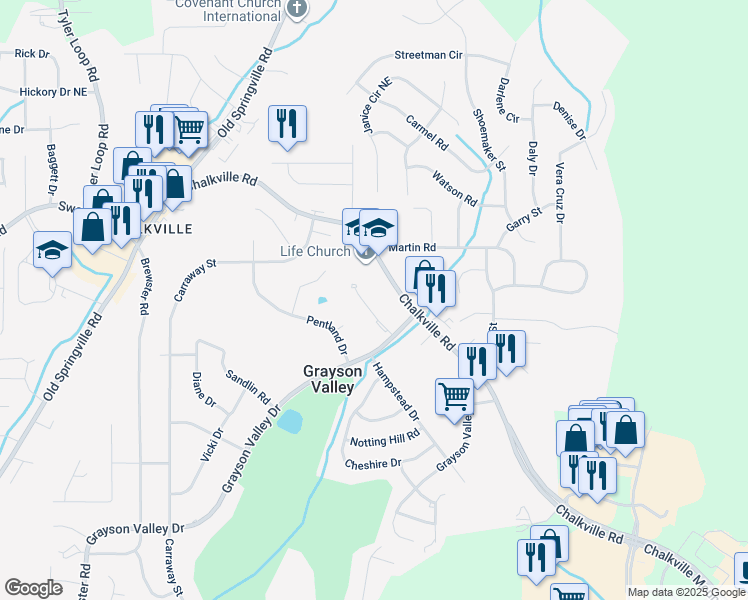 map of restaurants, bars, coffee shops, grocery stores, and more near 2345 Grayson Valley Circle in Birmingham