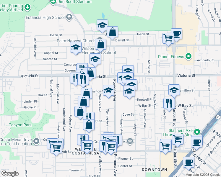 map of restaurants, bars, coffee shops, grocery stores, and more near 2108 Sterling Avenue in Costa Mesa
