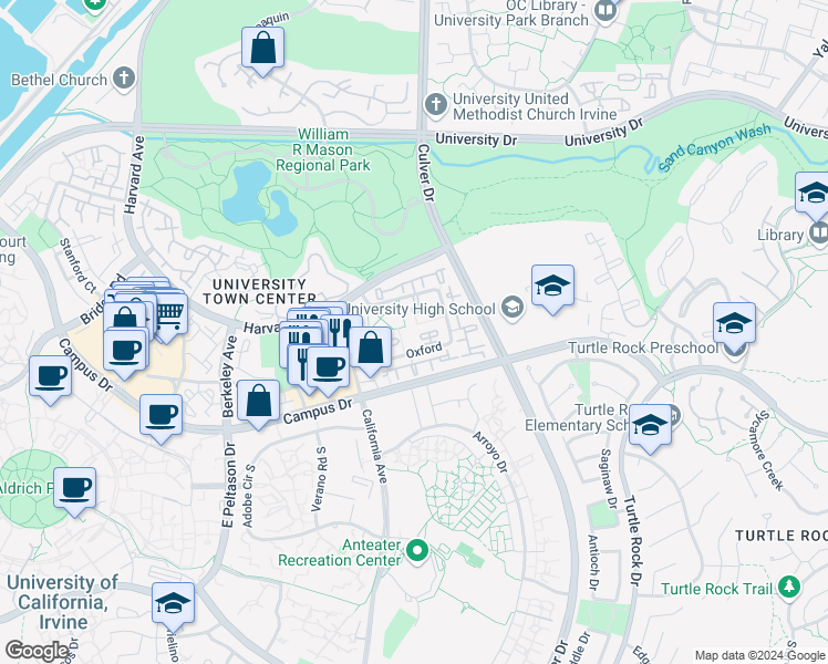 map of restaurants, bars, coffee shops, grocery stores, and more near in Irvine