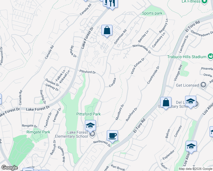 map of restaurants, bars, coffee shops, grocery stores, and more near 21491 Coralita in Lake Forest