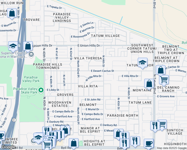 map of restaurants, bars, coffee shops, grocery stores, and more near 18036 North 43rd Street in Phoenix