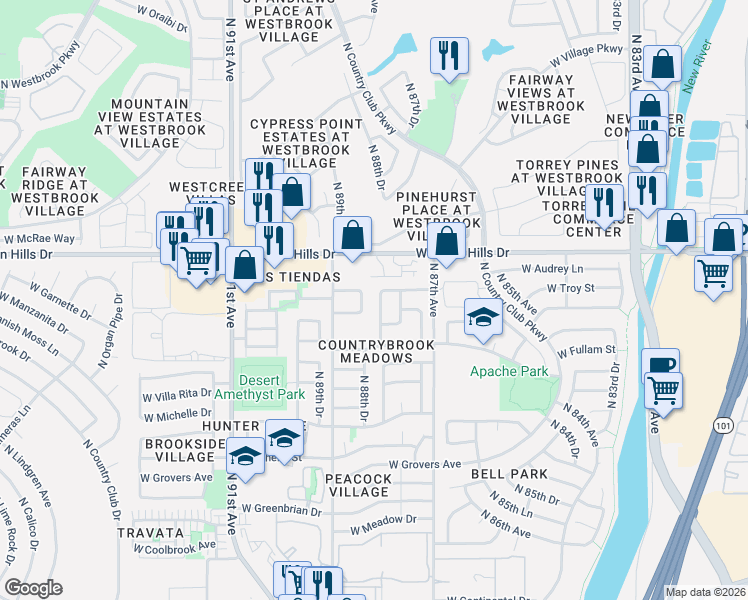 map of restaurants, bars, coffee shops, grocery stores, and more near 8833 West Bluefield Avenue in Peoria