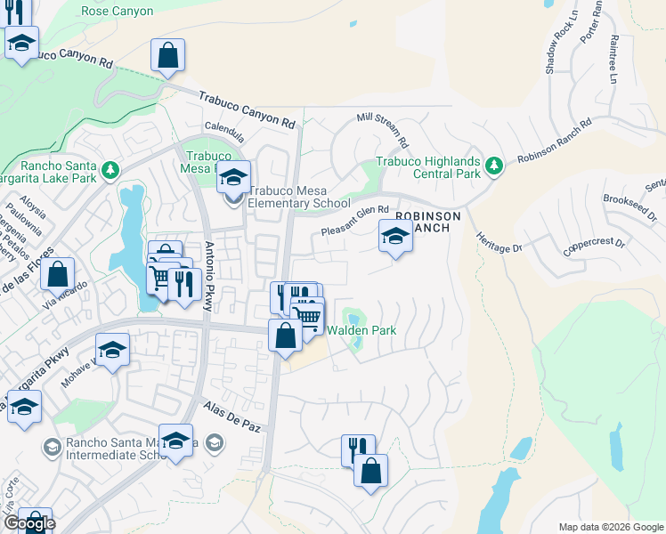 map of restaurants, bars, coffee shops, grocery stores, and more near 31872 Joshua Drive in Trabuco Canyon