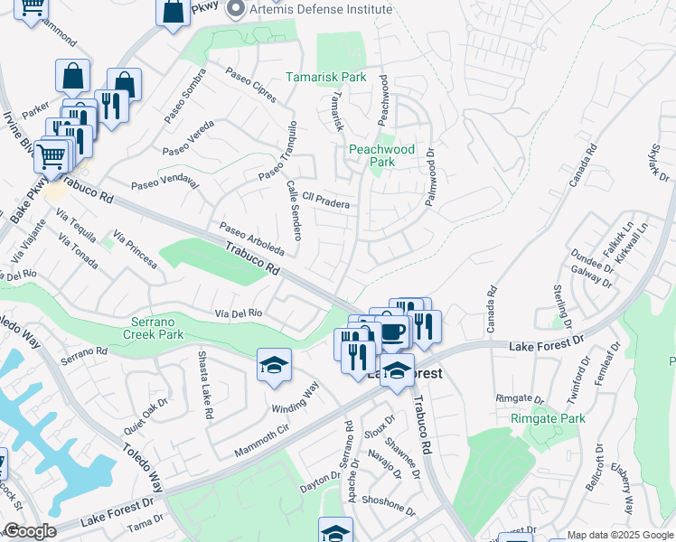 map of restaurants, bars, coffee shops, grocery stores, and more near 21472 Firwood in Lake Forest