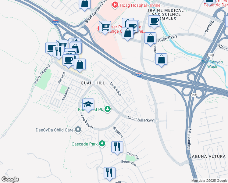map of restaurants, bars, coffee shops, grocery stores, and more near 404 Quail Ridge in Irvine