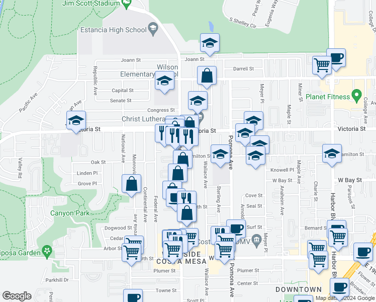 map of restaurants, bars, coffee shops, grocery stores, and more near 790 Hamilton Street in Costa Mesa