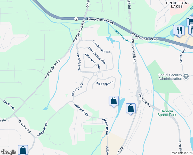 map of restaurants, bars, coffee shops, grocery stores, and more near 3882 Lake Manor Way in Atlanta