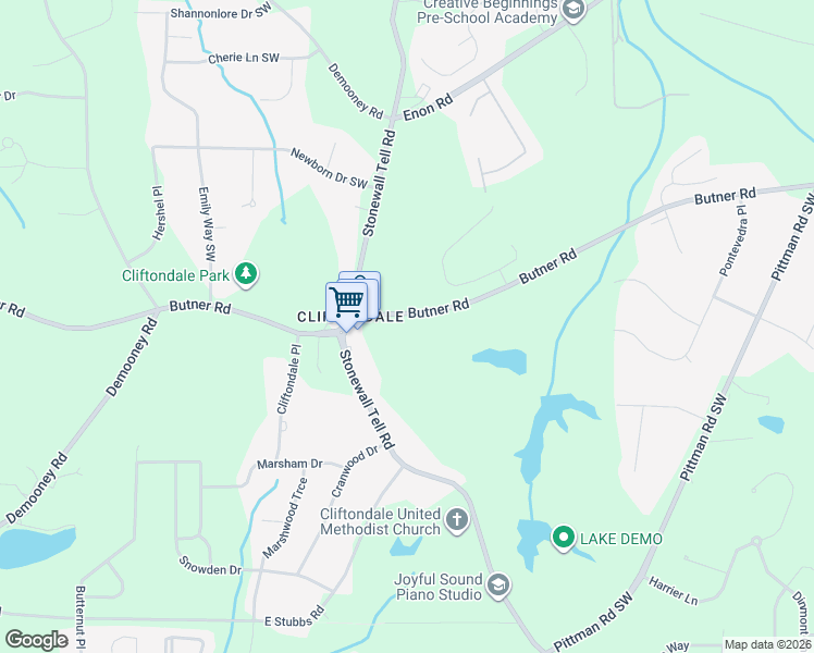 map of restaurants, bars, coffee shops, grocery stores, and more near 4525 Butner Road in College Park