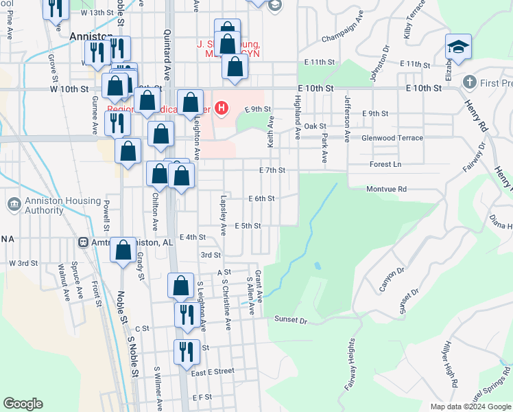 map of restaurants, bars, coffee shops, grocery stores, and more near 521 Knox Avenue in Anniston
