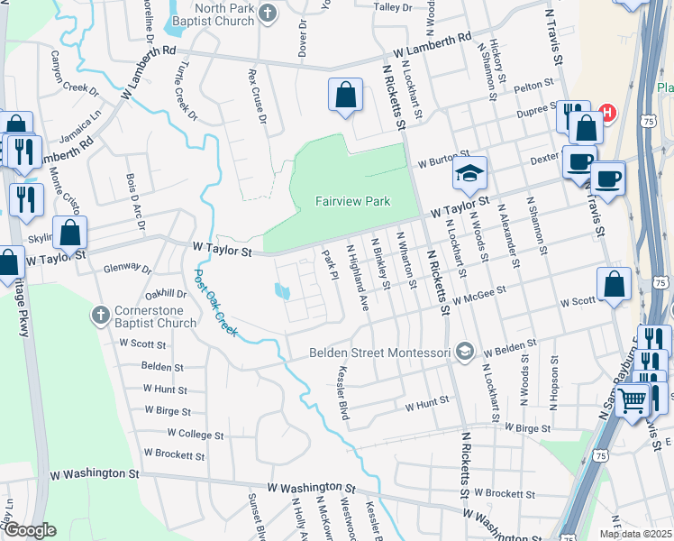 map of restaurants, bars, coffee shops, grocery stores, and more near 1807 Park Place in Sherman