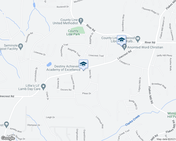 map of restaurants, bars, coffee shops, grocery stores, and more near 3623 Linecrest Road in Ellenwood