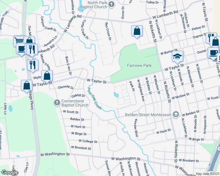 map of restaurants, bars, coffee shops, grocery stores, and more near 1400 West Taylor Street in Sherman