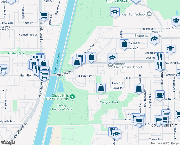 map of restaurants, bars, coffee shops, grocery stores, and more near 1097 Glen Circle in Costa Mesa