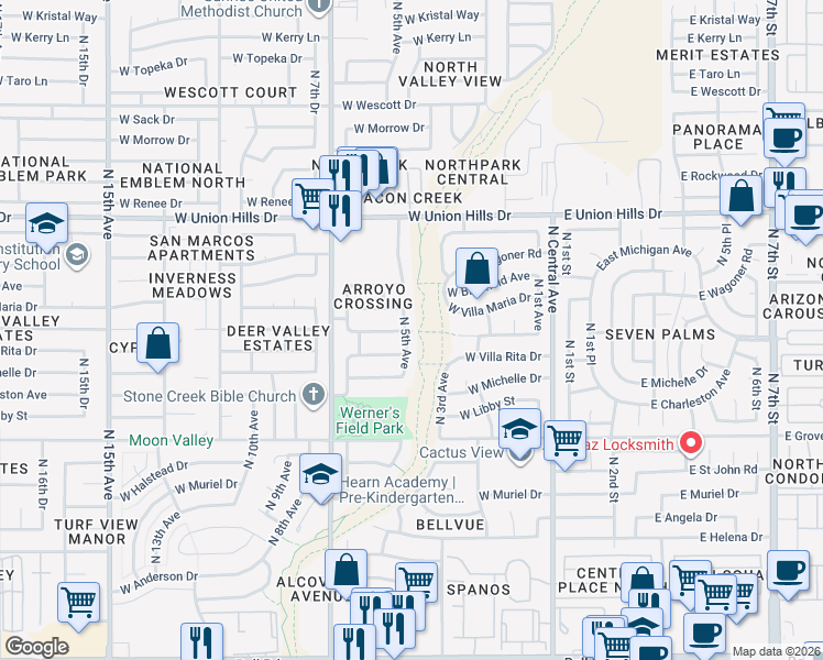 map of restaurants, bars, coffee shops, grocery stores, and more near 18059 North 5th Avenue in Phoenix