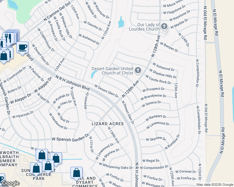 map of restaurants, bars, coffee shops, grocery stores, and more near 12820 West Desert Glen Drive in Sun City West