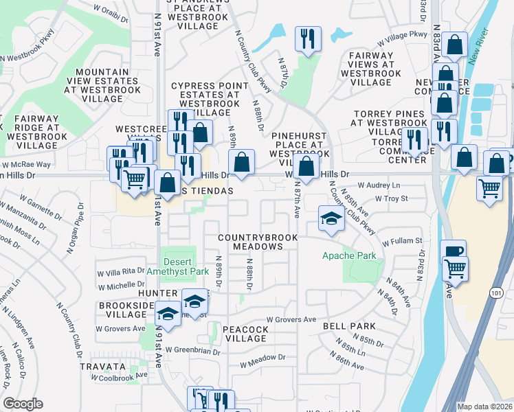 map of restaurants, bars, coffee shops, grocery stores, and more near 8833 West Bluefield Avenue in Peoria