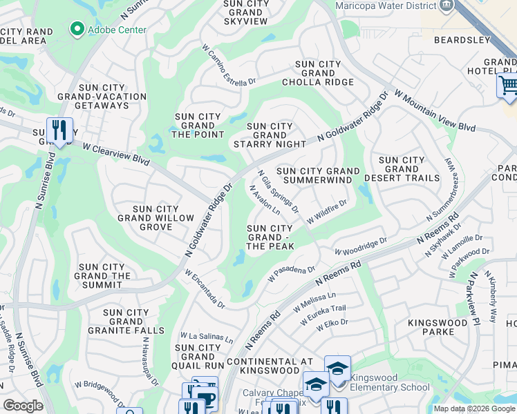 map of restaurants, bars, coffee shops, grocery stores, and more near 18344 North Hartford Drive in Surprise