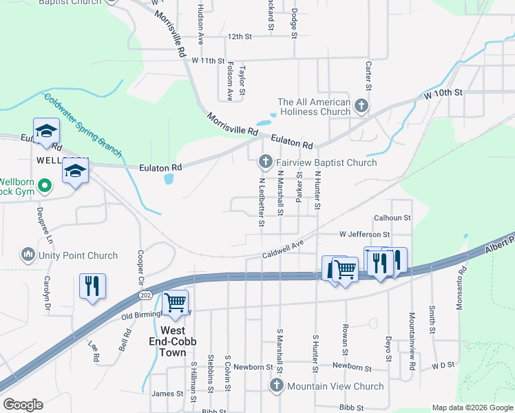 map of restaurants, bars, coffee shops, grocery stores, and more near 612 North Ledbetter Street in Anniston