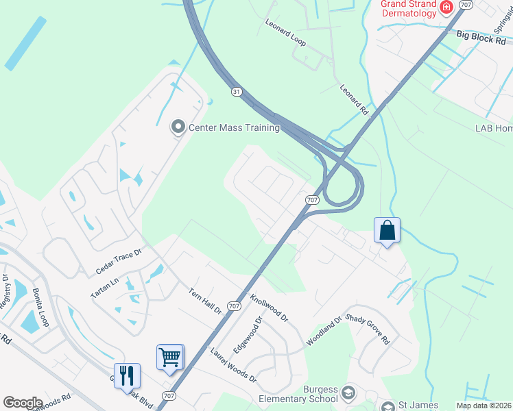 map of restaurants, bars, coffee shops, grocery stores, and more near 8220 South Carolina 707 in Myrtle Beach