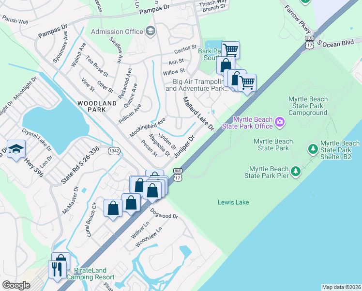 map of restaurants, bars, coffee shops, grocery stores, and more near 535 Juniper Drive in Myrtle Beach