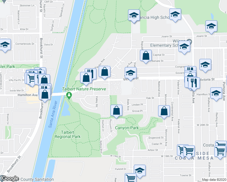 map of restaurants, bars, coffee shops, grocery stores, and more near 2106 Canyon Drive in Costa Mesa