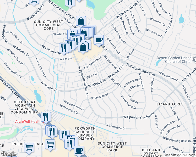 map of restaurants, bars, coffee shops, grocery stores, and more near 18402 North Mica Drive in Sun City West