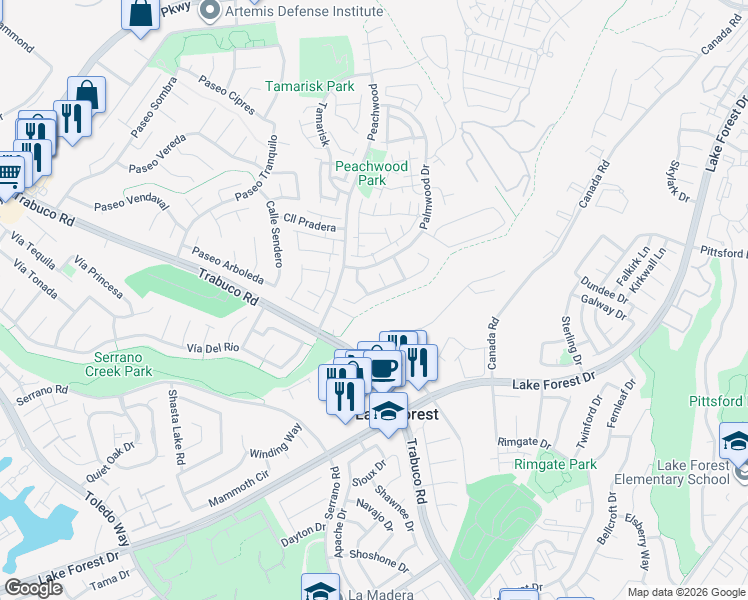 map of restaurants, bars, coffee shops, grocery stores, and more near 25362 Elderwood in Lake Forest