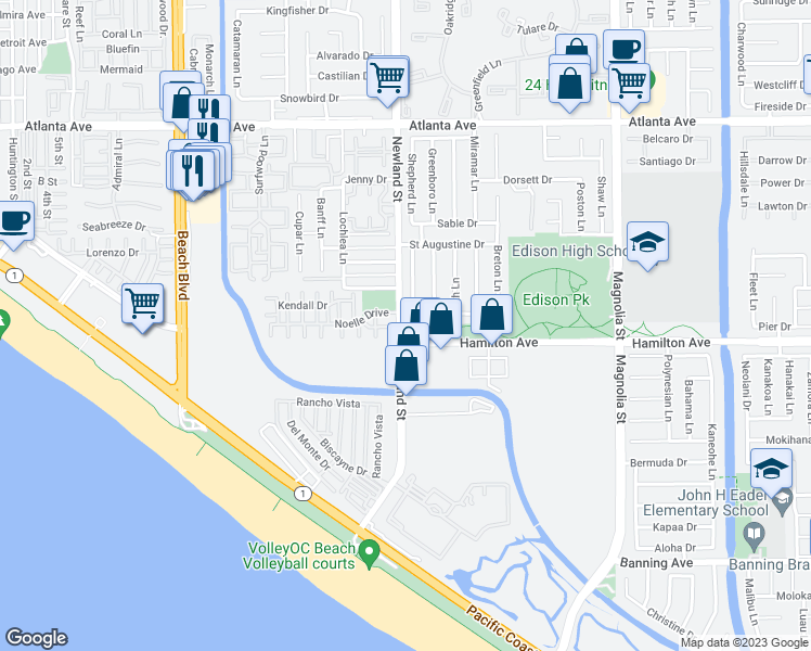 map of restaurants, bars, coffee shops, grocery stores, and more near 21441 Antigua Lane in Huntington Beach