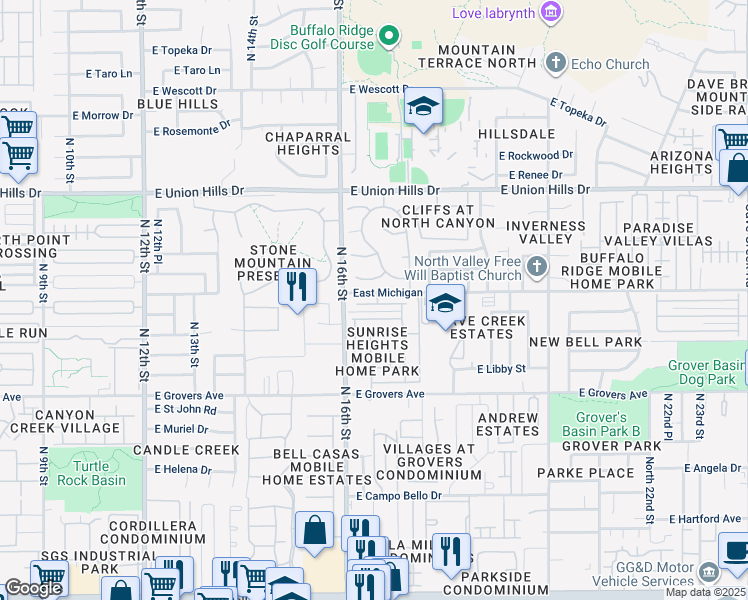 map of restaurants, bars, coffee shops, grocery stores, and more near 1628 East Villa Rita Drive in Phoenix
