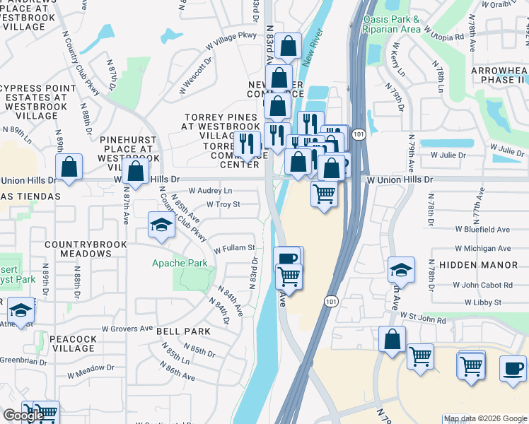 map of restaurants, bars, coffee shops, grocery stores, and more near 18430 North 83rd Drive in Peoria