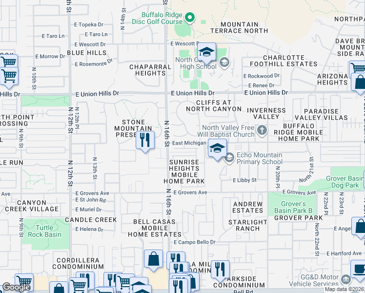 map of restaurants, bars, coffee shops, grocery stores, and more near 1628 East Villa Rita Drive in Phoenix