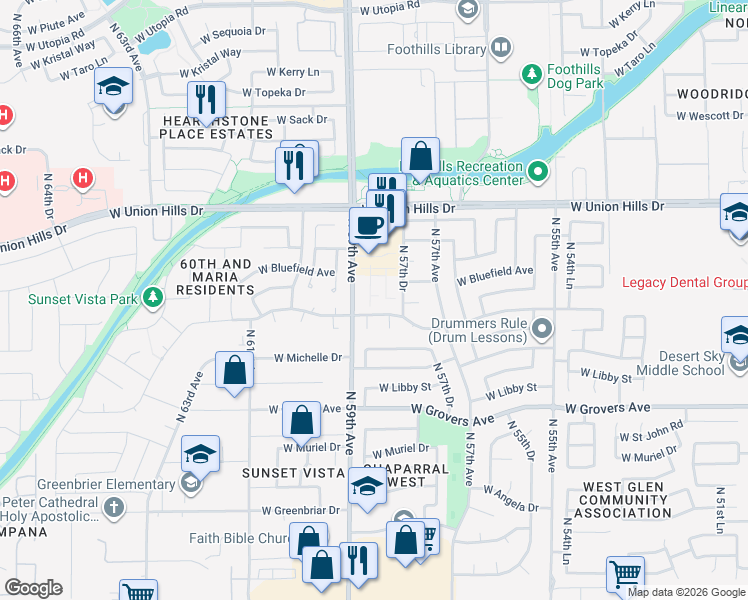 map of restaurants, bars, coffee shops, grocery stores, and more near Unnamed Road in Glendale