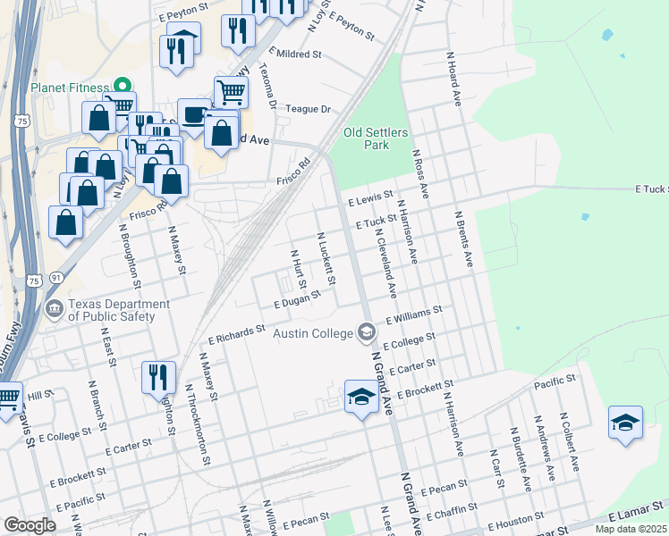 map of restaurants, bars, coffee shops, grocery stores, and more near 1211 North Luckett Street in Sherman