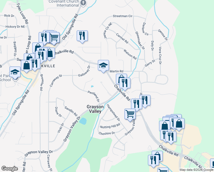 map of restaurants, bars, coffee shops, grocery stores, and more near 5577 Chalkville Road in Birmingham