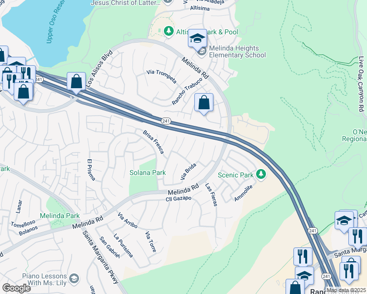 map of restaurants, bars, coffee shops, grocery stores, and more near 16 Via Boyero in Rancho Santa Margarita