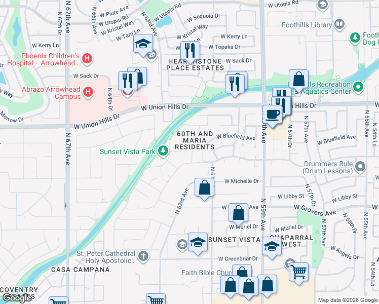 map of restaurants, bars, coffee shops, grocery stores, and more near 18224 North 61st Drive in Glendale