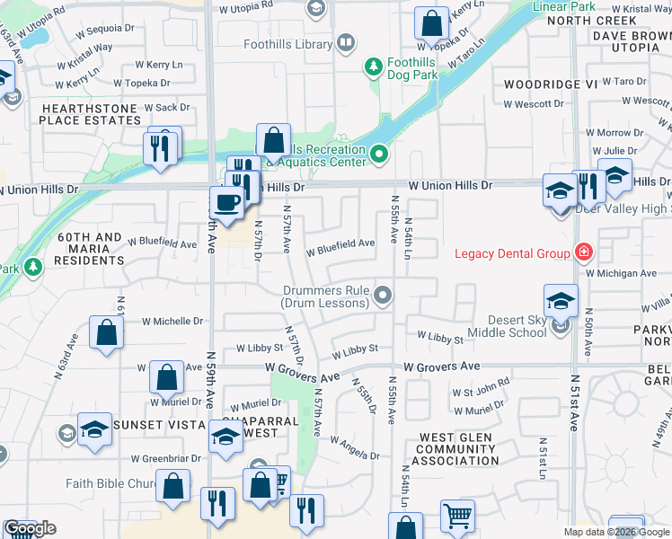 map of restaurants, bars, coffee shops, grocery stores, and more near 5609 West Villa Maria Drive in Glendale