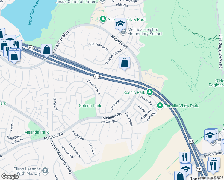 map of restaurants, bars, coffee shops, grocery stores, and more near 16 Via Boyero in Rancho Santa Margarita