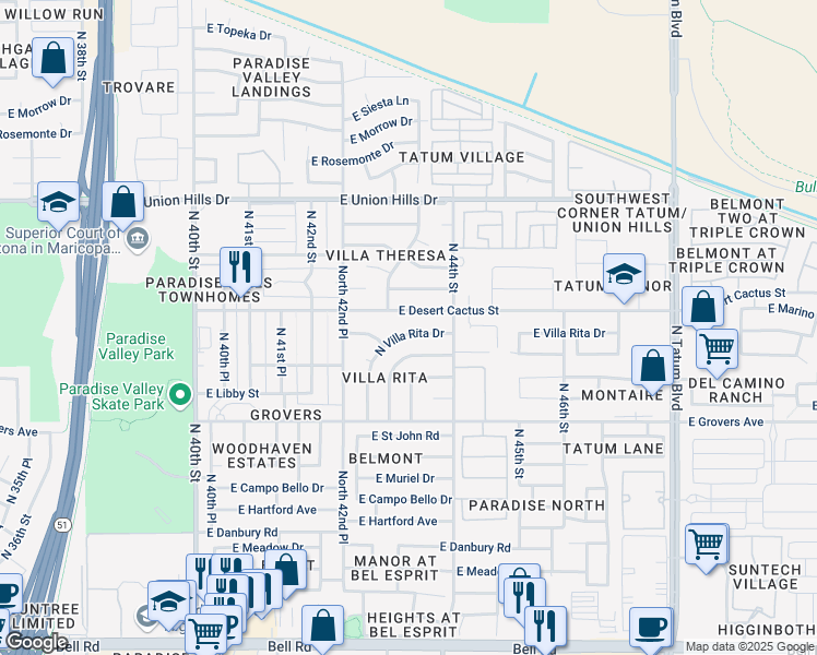map of restaurants, bars, coffee shops, grocery stores, and more near 18036 North 43rd Street in Phoenix