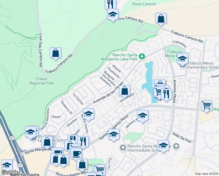 map of restaurants, bars, coffee shops, grocery stores, and more near 16 Firethorn in Rancho Santa Margarita