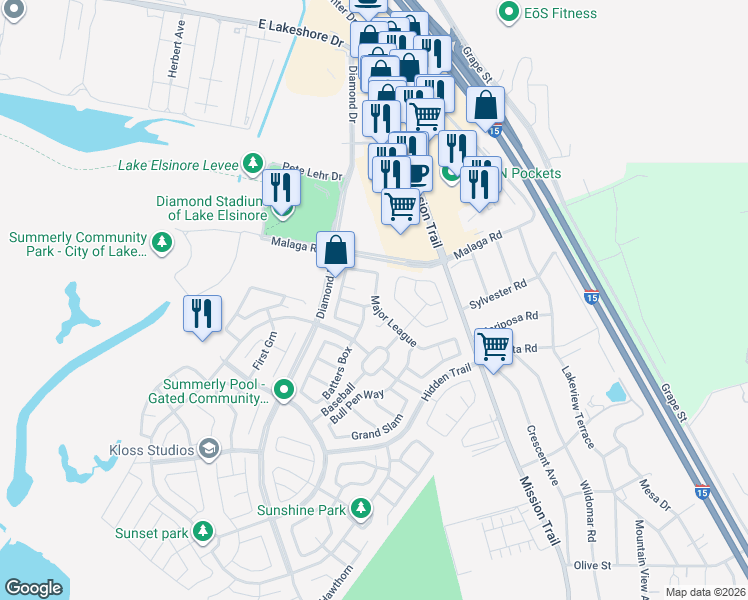 map of restaurants, bars, coffee shops, grocery stores, and more near 29472 Major League in Wildomar