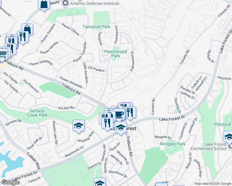 map of restaurants, bars, coffee shops, grocery stores, and more near 25362 Elderwood in Lake Forest