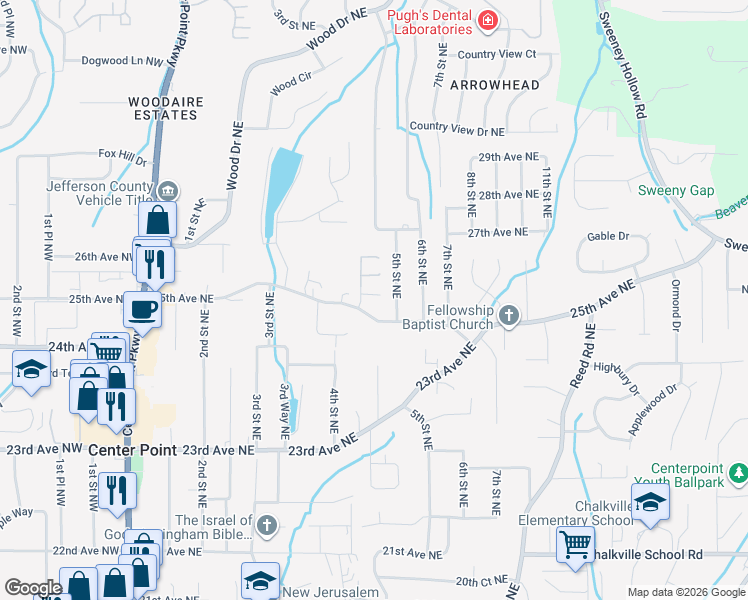 map of restaurants, bars, coffee shops, grocery stores, and more near 3951 Amanda Court in Center Point