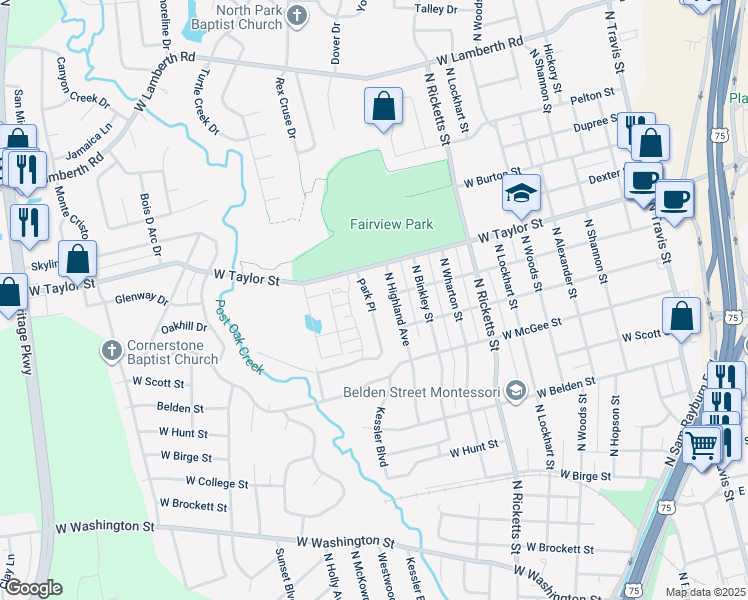 map of restaurants, bars, coffee shops, grocery stores, and more near 1807 Park Place in Sherman