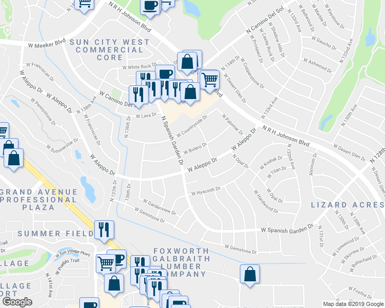 map of restaurants, bars, coffee shops, grocery stores, and more near 13505 West Bolero Drive in Sun City West